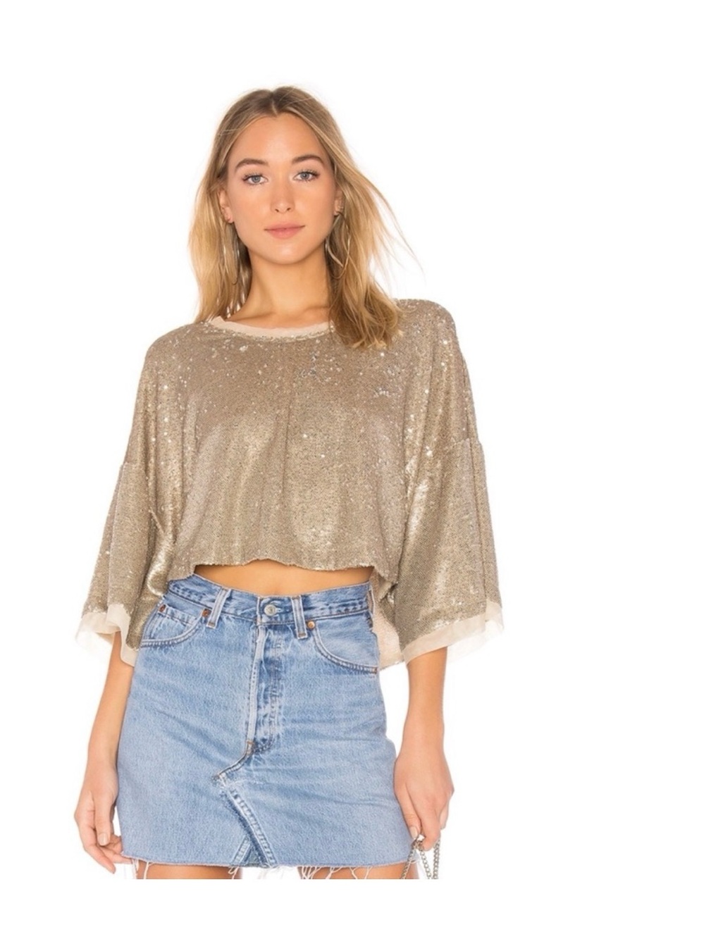 Free People Gold Sequin Cropped Tee